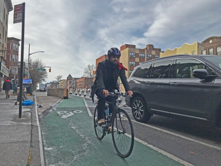 Carlos Menchaca on the Fourth Avenue protected bike lane. Photo: Dave Colon