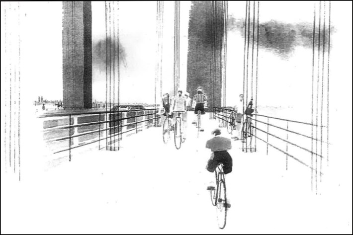 The original designers of the Verrazzano-Narrows Bridge envisioned a somewhat narrow bike path in between the suspension ropes on the upper level. Graphic: Ammann & Whitney (1997)