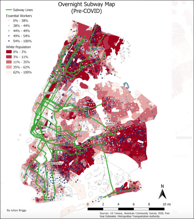 Pre-COVID overnight subway coverage in New York City. Data sources: US Census and the MTA