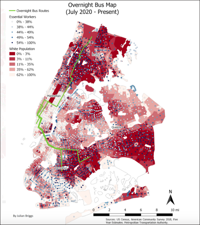 A map shows the scant overnight replacement bus coverage provided by the MTA, in relation to population centers of essential workers. Data sources: US Census and the MTA