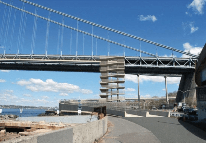 Instead of taking advantage of the elevation of Bay Ridge, the MTA only considered bike and pedestrian connections to the Verrazzano Bridge from the much lower waterfront greenway. Photo: MTA