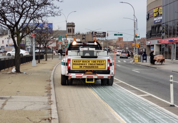 A brining team on Queens Boulevard. Photo: Department of Sanitation