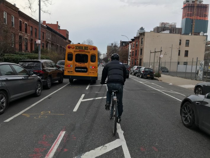 The candidate, dealing with an unprotected bike lane. Photo: Dave Colon