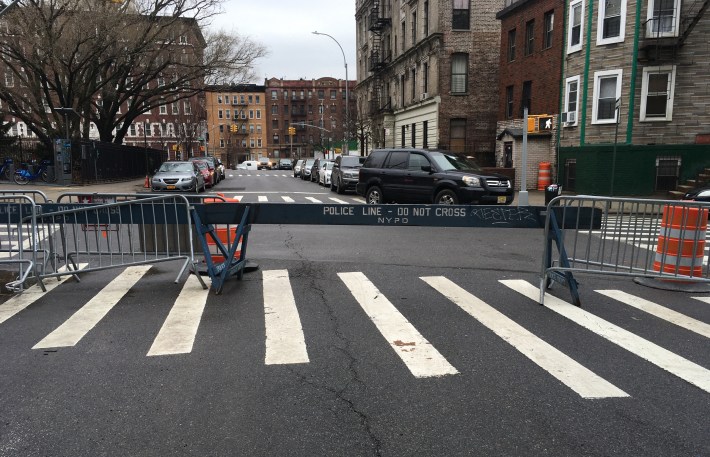 A barricade blocks of W. 151st Street to create a "cordon sanitaire" for the 30th Precinct Photo: Eve Kessler