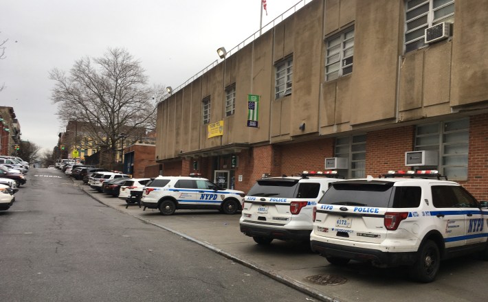 Try using the sidewalk in front of the 30th precinct. You can't unless you are a police SUV. Photo: Eve Kessler