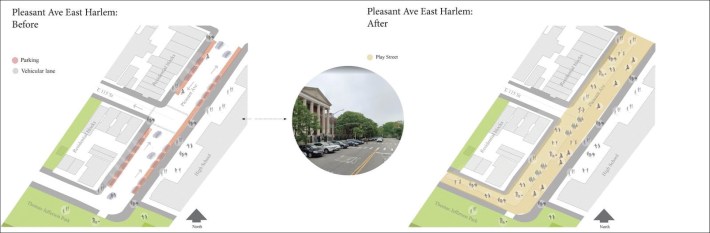 Pleasant Avenue before and after. Graphic: Office of the Manhattan Borough President