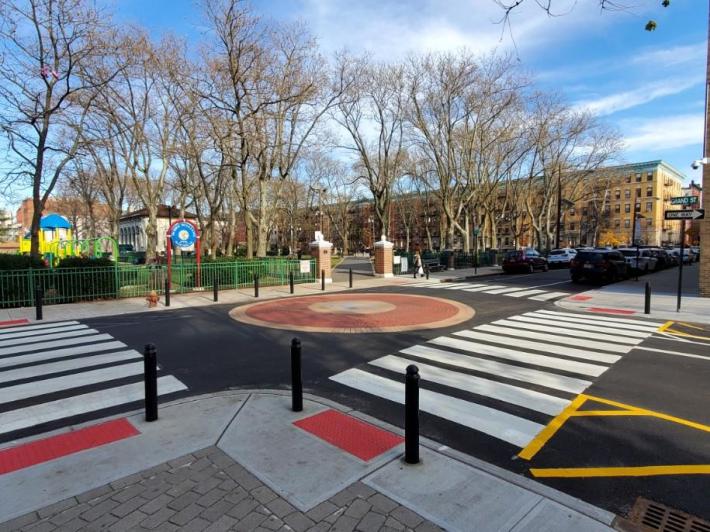 Reflective paint on a pair of Hoboken's new, wide-striped crosswalks. Photo: City of Hoboken