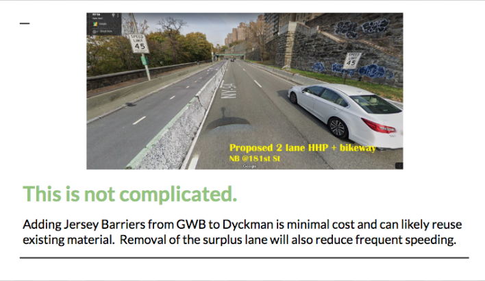 A page of the proposal shows a rendering of the proposed bike lane in the northbound lane of the Henry Hudson Parkway.