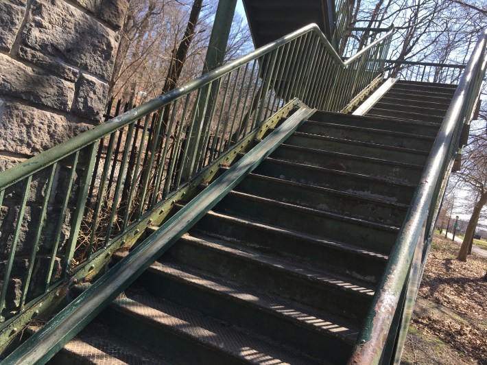 Happy climbing, cyclists and pedestrians! Nobody ever said it was easy to access the Empire State Trail in the Bronx! Photo: Eve Kessler