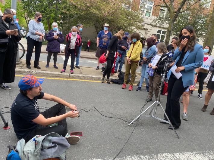 Council Member Carlina Rivera takes a question from street reporter Dave Colon. Photo: Clarence Eckerson Jr.