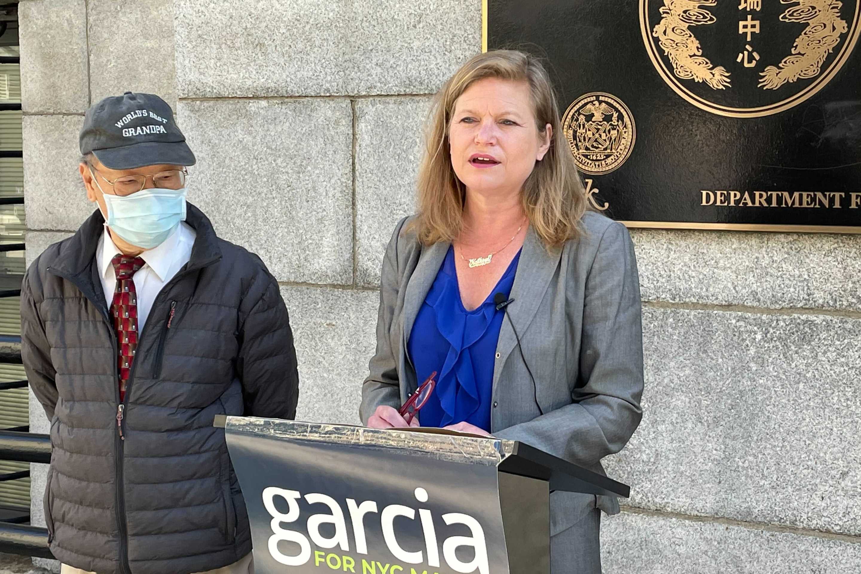 Kathryn Garcia speaks outside a Chinatown senior center on May 13th, 2021.