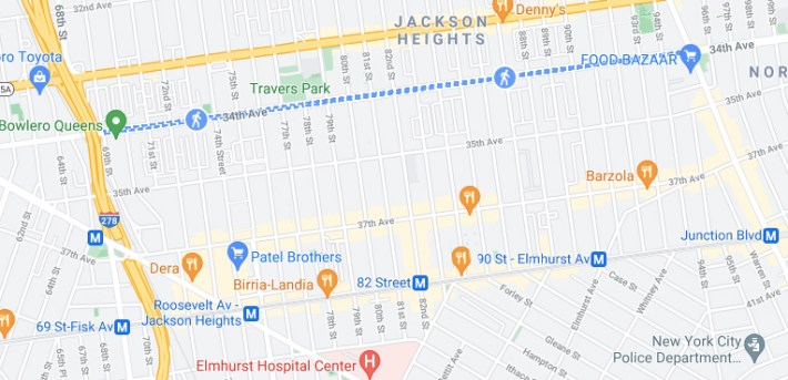 There is so little public green space in Jackson Heights — one of New York's most-diverse neighborhoods. Map: Google/Streetsblog