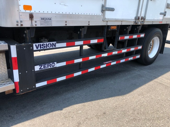 Truck side-guards that will limit danger for pedestrians, cyclists and other vehicles.