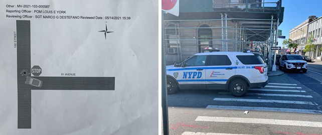 The police crash report (left) omitted the key reason Tim Burke was hit by the car driver — the illegally parked NYPD squad cars in the crosswalk.