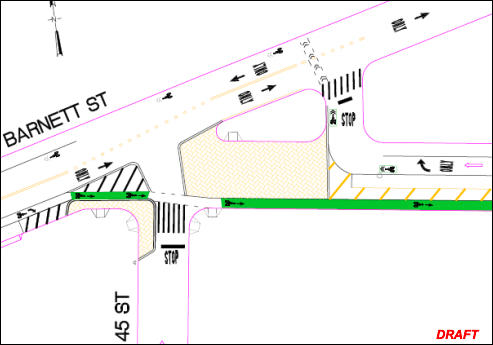 At Barnett Avenue, 39th Avenue would get a new traffic island to divert car drivers. Photo: DOT