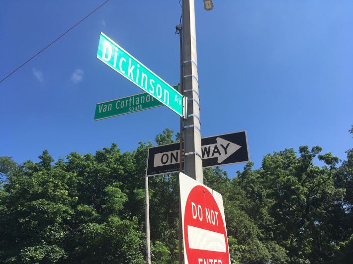 The corner of Dickenson Avenue and Van Cortland Park South, near where biker Jian Hua Li was found dead Friday.