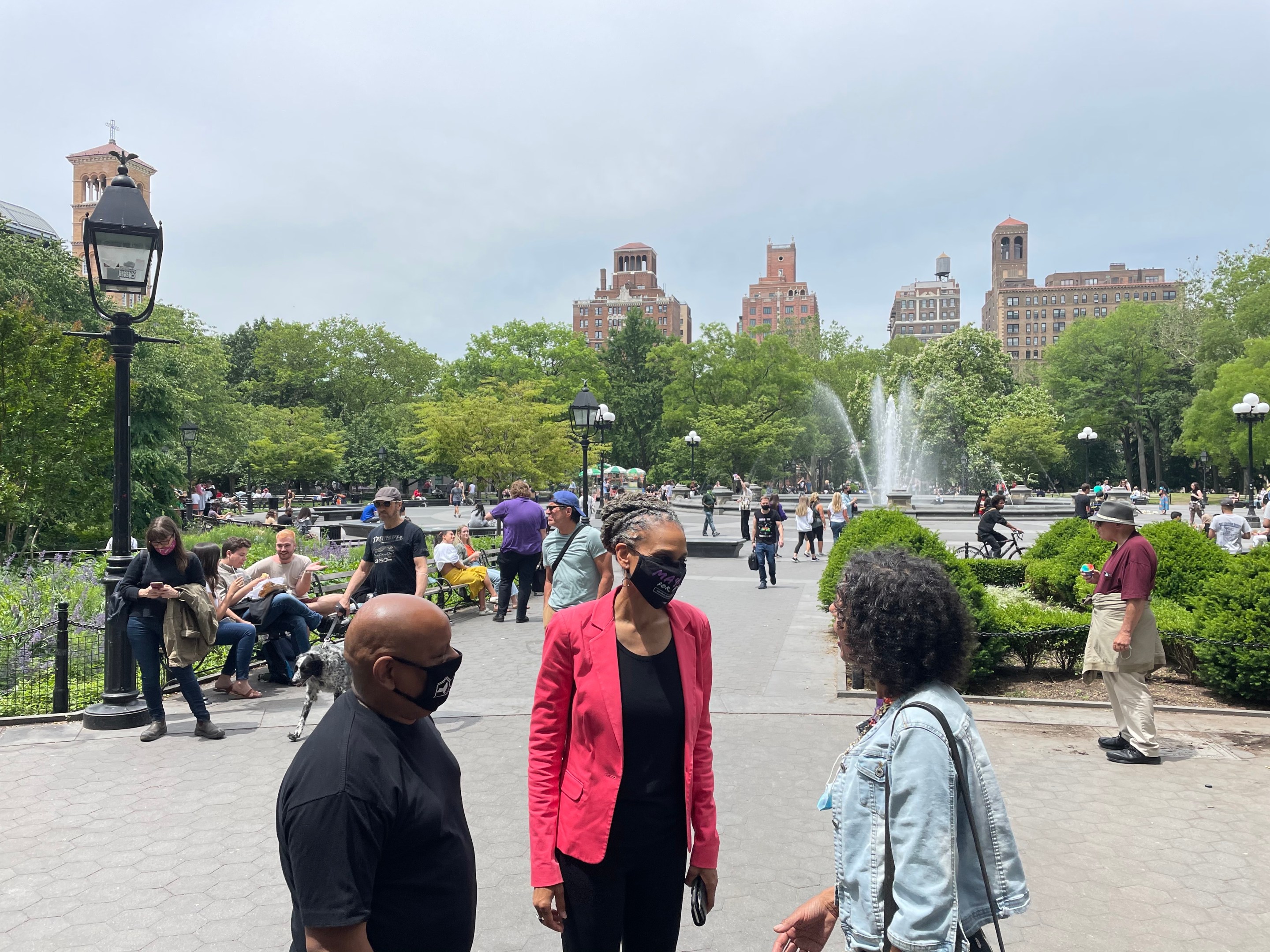 Mayoral candidate Maya Wiley talks to supporters in Washington Square Park on Tuesday afternoon, in front of the large fountain.