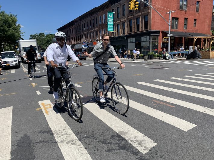 Eric Adams discusses the ride with New York Post reporter Nolan Hicks. Photo: Gersh Kuntzman