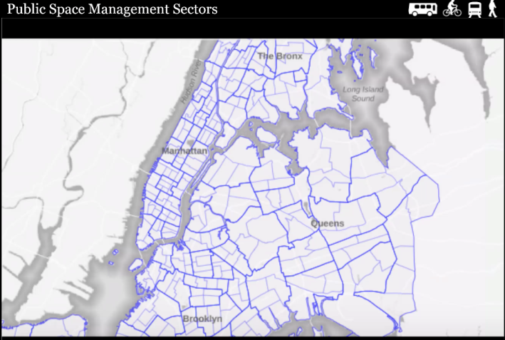 Public-space management sectors could follow extant city divisions, such as these which delineate security areas in police precincts, per Gorton's presentation.
