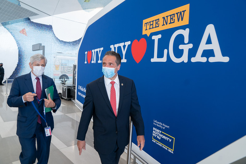 Governor Andrew Cuomo holds daily briefing and opens Terminal B at LaGuardia Airport.