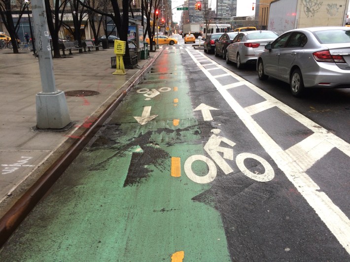 Contra-flow bike lane on First Avenue at East 37th Street which routes southbound cyclists from Second Avenue to the East River Esplanade. Photo: Michael King