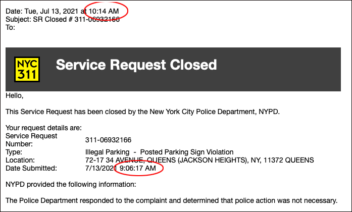 The NYPD claimed no action was necessary, but cars were still parked illegally.