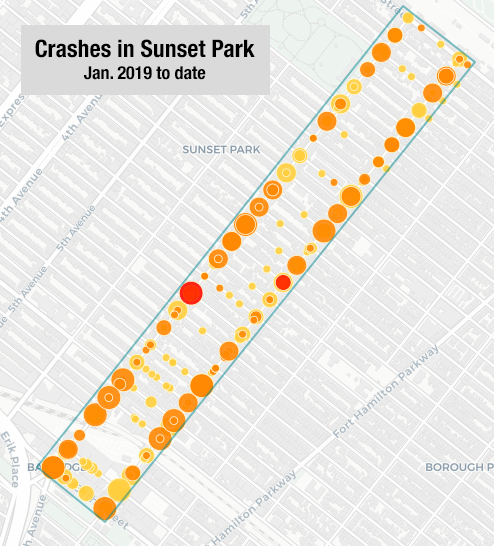Each dot represents a reported crash. Orange dots represent injuries. Red dots are fatalities. Source: City data via Crashmapper