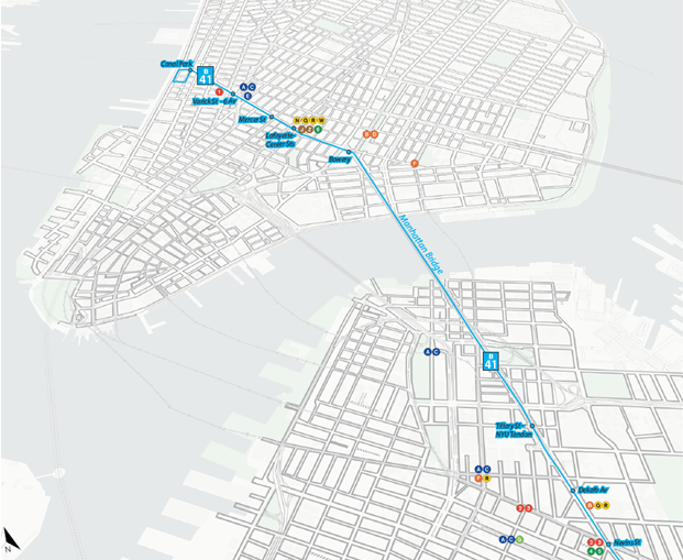 Congestion pricing presents an opportunity to convert Manhattan Bridge travel lanes to bus lanes. Extending the B41 across the bridge and across Canal Street would provide a transit alternative to driving. Image: People-Oriented Cities