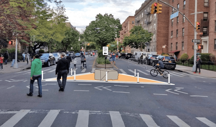 Diverters like this are the key to the DOT's hopes of keeping cars out of its "gold standard" open street on 34th Avenue. Photo: DOT