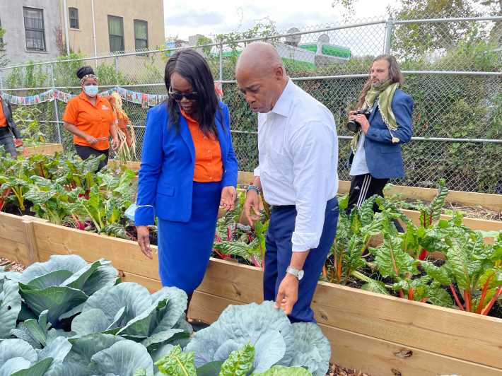 Brooklyn Borough President Eric Adams (right) shakes hands with a plant in Brownsville. Photo: Dave Colon