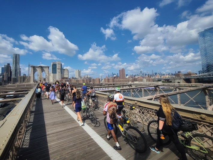 Bridges 4 People volunteers paraded across the Brooklyn Bridge in September in celebration of the new bike path. Photo: Rose Uscianowski