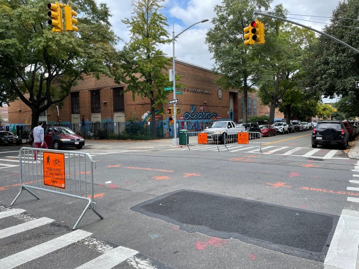 The open street on Underhill Avenue with its barriers set up. Photo: Dave Colon