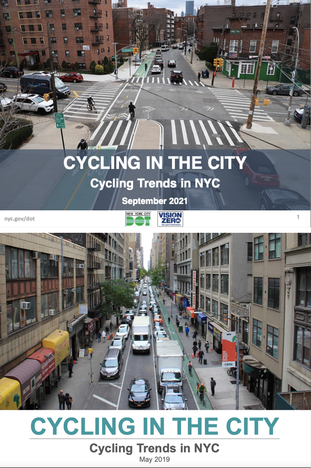 The cover of this year's Cycling in the City report (top) is way better than the car- and truck-filled monstrosity the city put out in 2019.