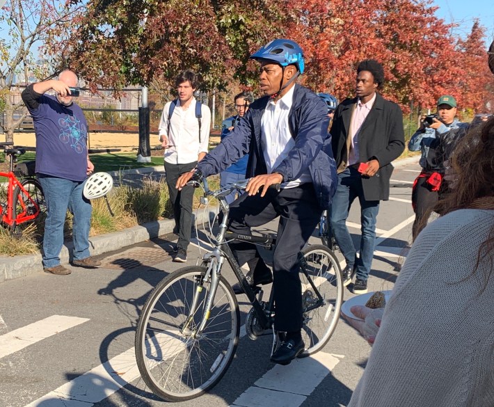 The future mayor rode into the event on his bike, last seen on Streetsblog back in June. Photo: Gersh Kuntzman