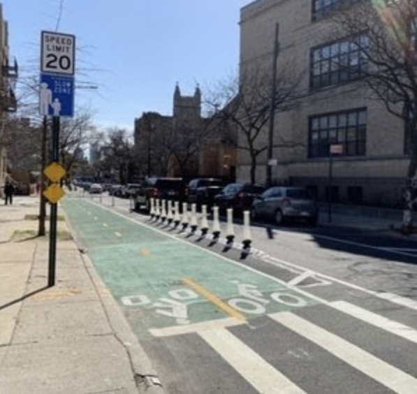 Crescent Street before and after: left, flex posts; right, Qwick Curbs.