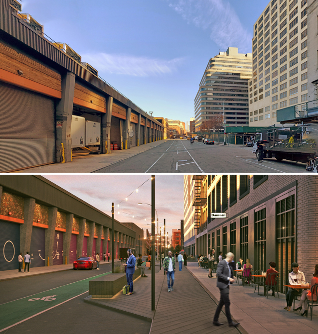 It's amazing to think of what the city is fine with. Greenwich Street today (top) and what the Hudson Square BID hopes to achieve. Photo (bottom) WXY