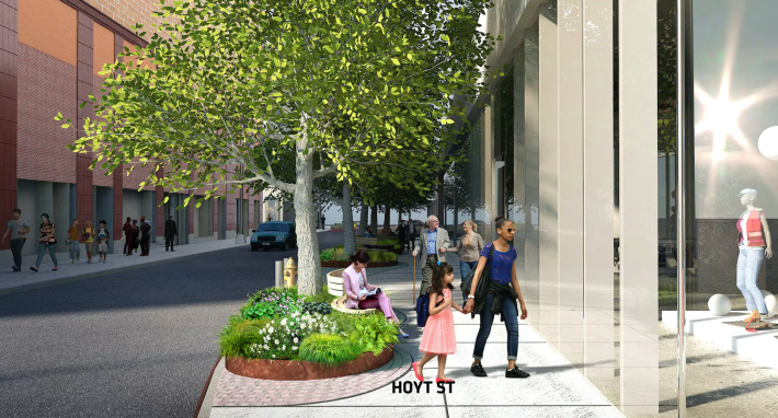 A rendering from the Downtown Brooklyn Alliance's Public Realm Plan shows a greener, pedestrianized Hoyt Street.