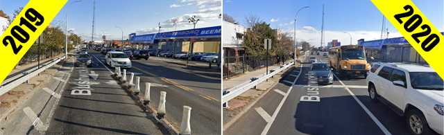The city did not restore bollards after a repaving. It is unclear whether this played a role in the fatal November crash. Photos: Google