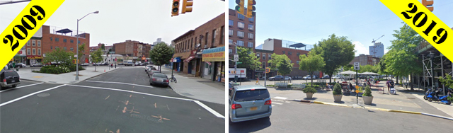 Instead of tinkering around the edges, the city eventually barred cars on the western terminus of Putnam Avenue in the mid-2010s and then finally poured concrete to make it permanent in 2019 (right). (Click on photo to blow up) Photos: Google