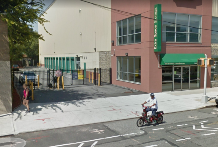 Third Avenue and First Street in Brooklyn — a gated driveway to a self-storage facility. Photo: Google Street view