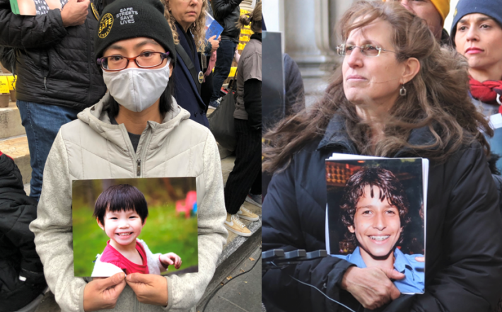Families for Safe Streets lead co-founders Amy Tam-Liao (left) and Amy Cohen, holding photographs of Ally and Sammy. Photos: Charles Komanoff (left), Transportation Alternatives