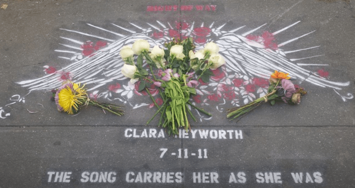 Clara Heyworth stencil in Clinton Hill, June 1, 2014. Photo: Charles Komanoff