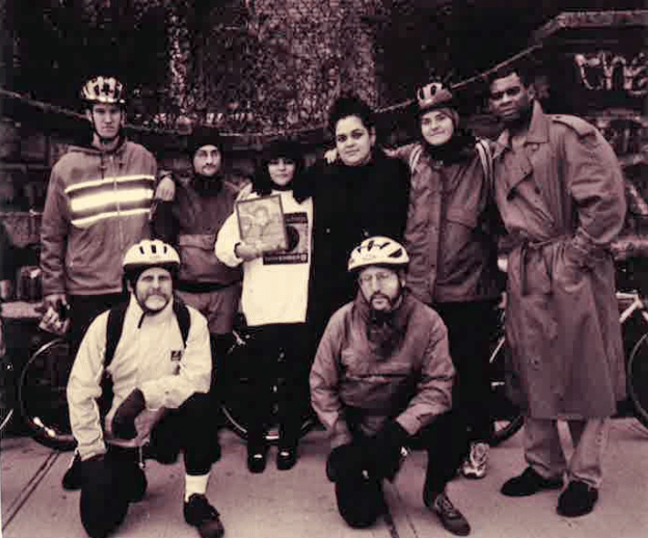 The stenciling team (from left, standing): Sam Corbett, Alan Mukamal, Gladys Cancel, Evelyn Cancel and (kneeling, from left) Michael Smith, and Charles Komanoff. Photo: Damon Brandt