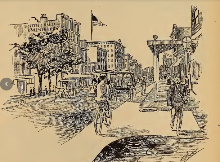 An illustration shows a bike lane in Manhattan in the 1890s. Image: Courtesy Evan Friss