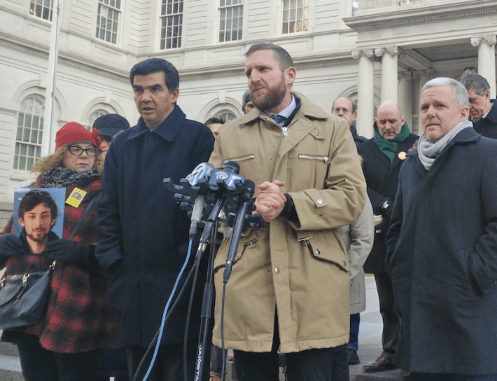 Ydanis Rodriguez (left) with then-transportation Alternatives Executive Director (and skeptic) Paul Steely White and Council colleague Jimmy Van Bramer.