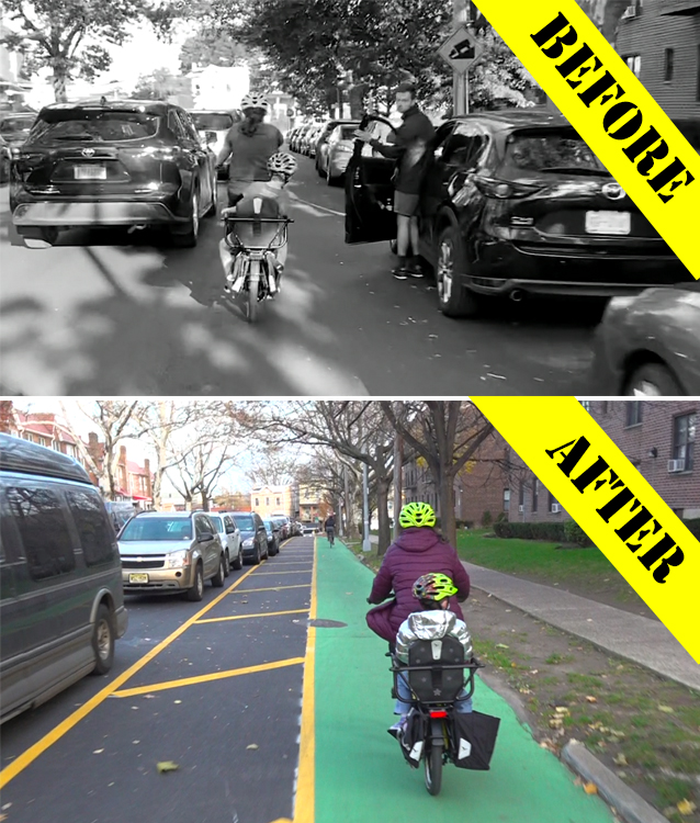 Before the bike boulevard, cyclists were endangered and drivers were caught in traffic of their own making. Now (bottom photo), things are calmer for all. Photos: Clarence Eckerson Jr.