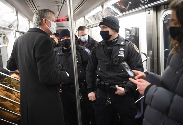 The mayor did indeed ride the subway in February. Photo: Michael Appleton / Mayoral Photography Office