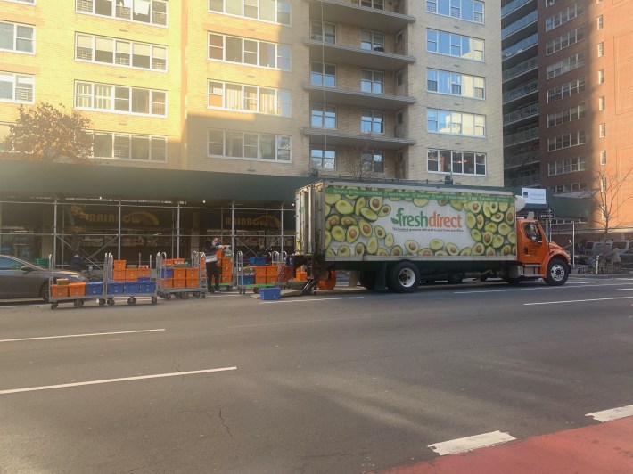 No respect for the dead ... or the living. Fresh Direct unloading illegally on First Avenue, mere hours after Tuesday's crash.