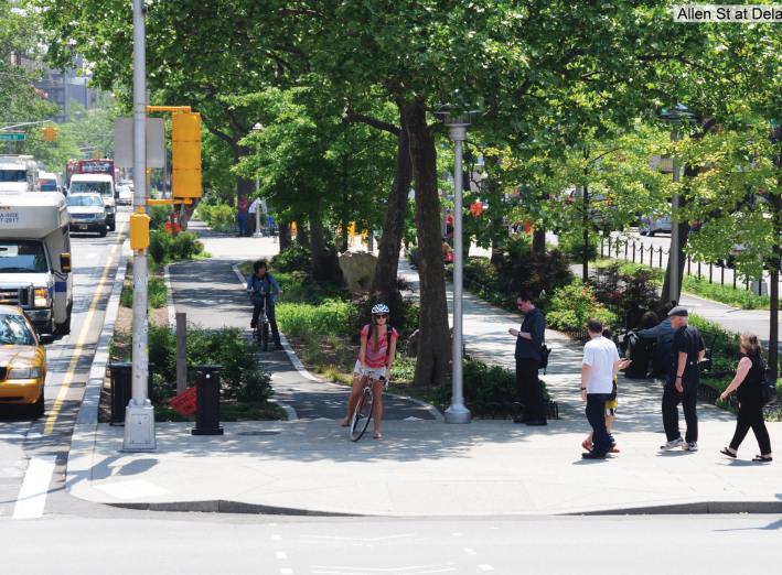 Allen Street at Delancey. Some advocates think the Park Avenue median should look like this. Photo: DOT