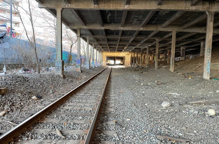 The Bay Ridge Branch looking west, with a previously-used underpass in the distance. Photo: Dave Colon